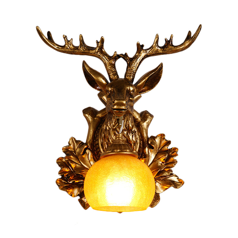 Dome Amber Glass Sconce Lighting Rural 1 Head Sitting Room Wall Mount Lamp with Gold Deer Head Backplate, 12"/19.5" Wide Clearhalo 'Wall Lamps & Sconces' 'Wall Lights' Lighting' 1909062