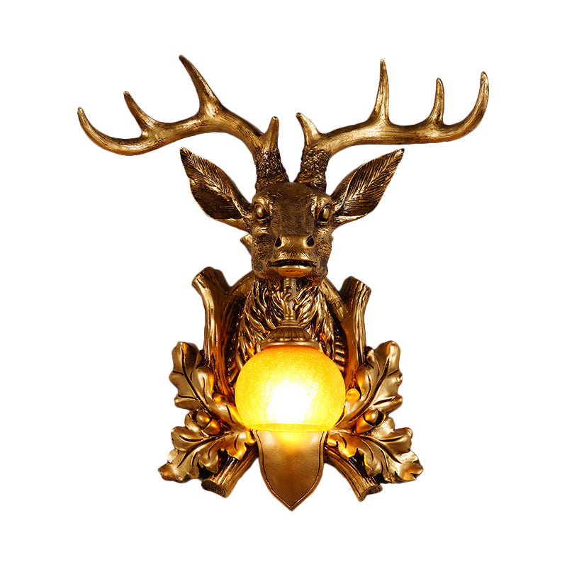 Dome Amber Glass Sconce Lighting Rural 1 Head Sitting Room Wall Mount Lamp with Gold Deer Head Backplate, 12"/19.5" Wide Clearhalo 'Wall Lamps & Sconces' 'Wall Lights' Lighting' 1909066