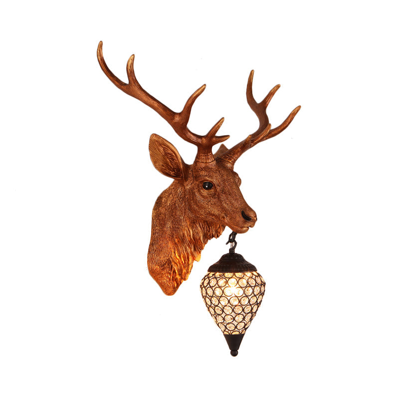 Teardrop Beveled Crystal Wall Lighting Country 15"/20.5"/24.5" Wide 1 Head Bedroom Sconce Lamp with Deer Head in White/Yellow/Gold Clearhalo 'Wall Lamps & Sconces' 'Wall Lights' Lighting' 1909080