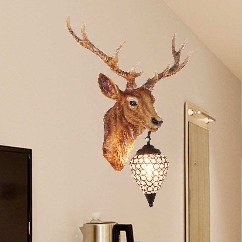 Teardrop Beveled Crystal Wall Lighting Country 15"/20.5"/24.5" Wide 1 Head Bedroom Sconce Lamp with Deer Head in White/Yellow/Gold Clearhalo 'Wall Lamps & Sconces' 'Wall Lights' Lighting' 1909085