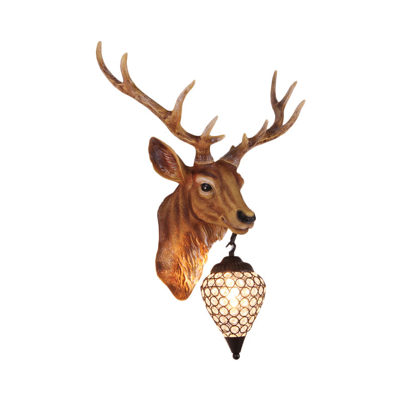 Teardrop Beveled Crystal Wall Lighting Country 15"/20.5"/24.5" Wide 1 Head Bedroom Sconce Lamp with Deer Head in White/Yellow/Gold Clearhalo 'Wall Lamps & Sconces' 'Wall Lights' Lighting' 1909088