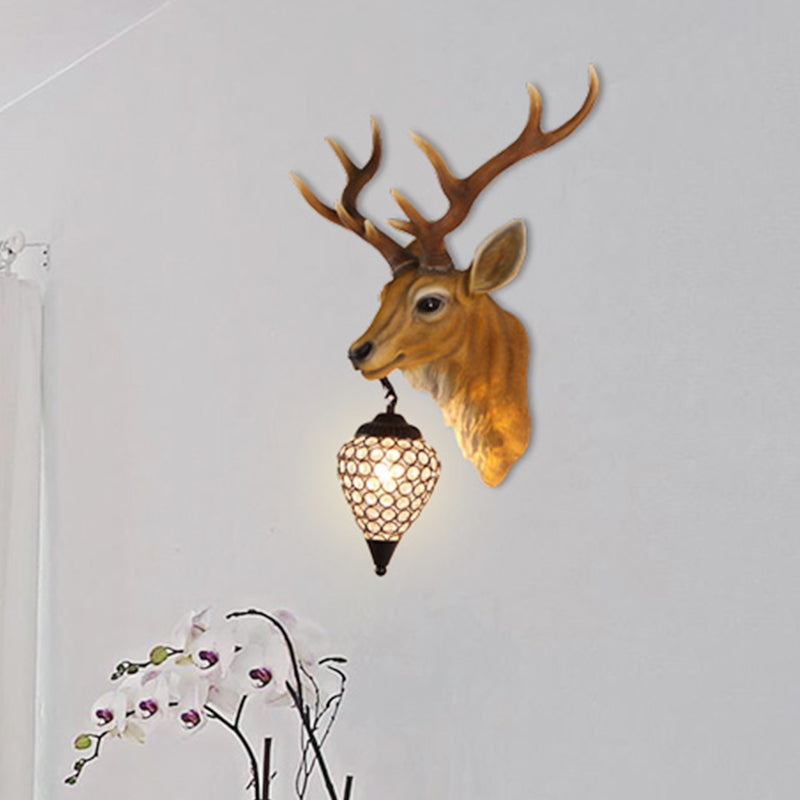Teardrop Beveled Crystal Wall Lighting Country 15"/20.5"/24.5" Wide 1 Head Bedroom Sconce Lamp with Deer Head in White/Yellow/Gold Yellow Clearhalo 'Wall Lamps & Sconces' 'Wall Lights' Lighting' 1909094
