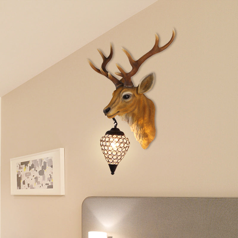 Teardrop Beveled Crystal Wall Lighting Country 15"/20.5"/24.5" Wide 1 Head Bedroom Sconce Lamp with Deer Head in White/Yellow/Gold Clearhalo 'Wall Lamps & Sconces' 'Wall Lights' Lighting' 1909095