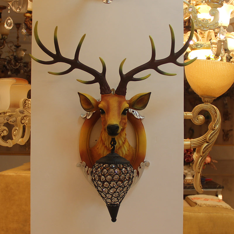 Brown Faux Deer Head Sconce Lamp Farmhouse Resin 16"/21" Wide 1 Bulb Living Room Wall Mounted Light with Drop Crystal Shade Clearhalo 'Wall Lamps & Sconces' 'Wall Lights' Lighting' 1909150