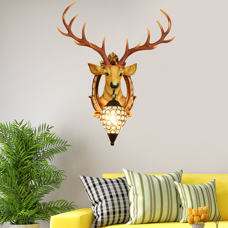 Single-Bulb Gridded Raindrop Sconce Countryside White/Yellow Crystal Wall Mounted Lamp with Resin Deer, 19.5"/24.5" Wide Clearhalo 'Wall Lamps & Sconces' 'Wall Lights' Lighting' 1909159
