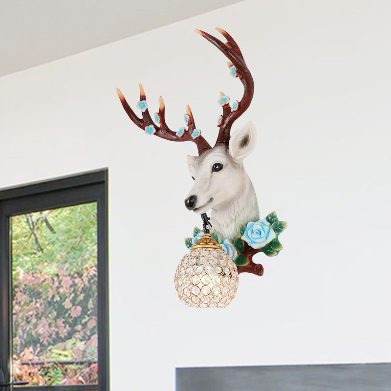 Rural Elk Head Sconce 1 Bulb Resin Wall Mounted Lighting in White/Wood with Flower Decor and Globe Crystal Shade, Left/Right White Left Clearhalo 'Wall Lamps & Sconces' 'Wall Lights' Lighting' 1909189