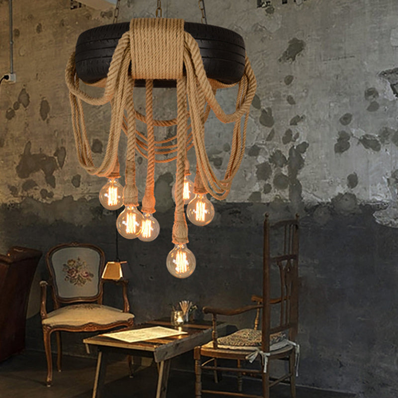 Rubber Tyre Down Lighting Warehouse 6 Lights Snack Bar Chandelier in Pink/Green/Brown with Rope Cord Clearhalo 'Ceiling Lights' 'Chandeliers' 'Industrial Chandeliers' 'Industrial' 'Middle Century Chandeliers' 'Tiffany' Lighting' 1909532