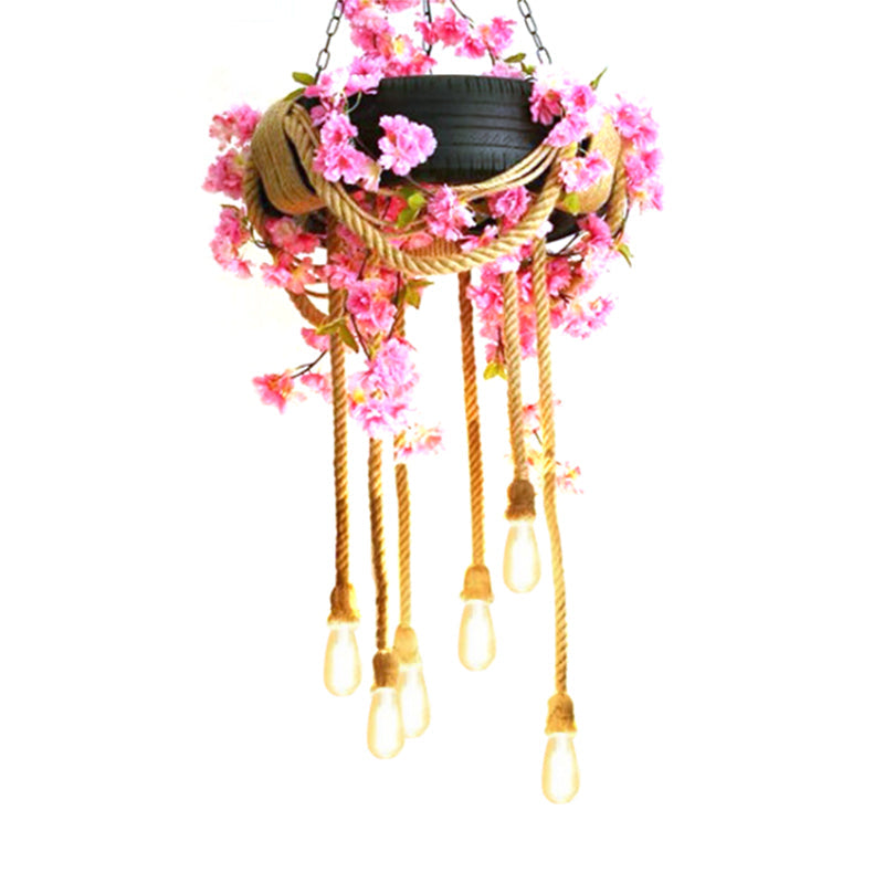 Rubber Tyre Down Lighting Warehouse 6 Lights Snack Bar Chandelier in Pink/Green/Brown with Rope Cord Clearhalo 'Ceiling Lights' 'Chandeliers' 'Industrial Chandeliers' 'Industrial' 'Middle Century Chandeliers' 'Tiffany' Lighting' 1909537