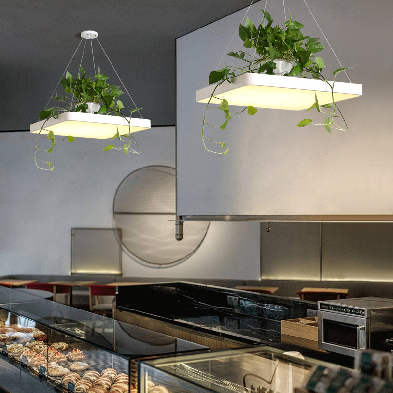 Square Restaurant Ceiling Pendant Nordic Acrylic Black/White/Blue LED Hanging Lamp Kit with Plant Container, 16"/19.5" W White Clearhalo 'Art Deco Pendants' 'Black' 'Cast Iron' 'Ceiling Lights' 'Ceramic' 'Crystal' 'Industrial Pendants' 'Industrial' 'Metal' 'Middle Century Pendants' 'Pendant Lights' 'Pendants' 'Rustic Pendants' 'Tiffany' Lighting' 1909631