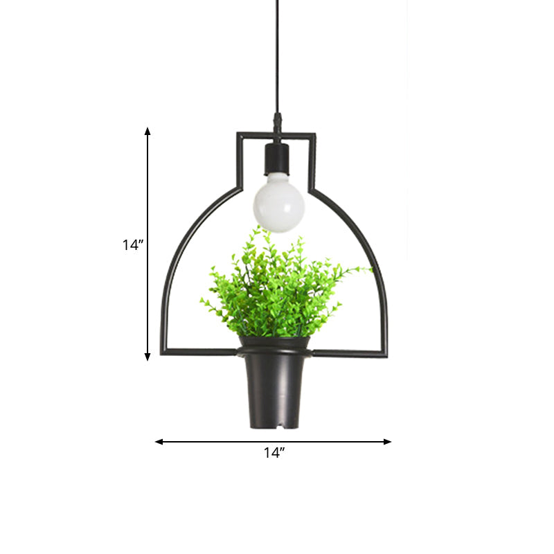 Single Plant Pendant Lighting Fixture Rustic Triangle/Square/Oval Frame Iron Hanging Lamp in Black Clearhalo 'Art Deco Pendants' 'Black' 'Cast Iron' 'Ceiling Lights' 'Ceramic' 'Crystal' 'Industrial Pendants' 'Industrial' 'Metal' 'Middle Century Pendants' 'Pendant Lights' 'Pendants' 'Rustic Pendants' 'Tiffany' Lighting' 1909678