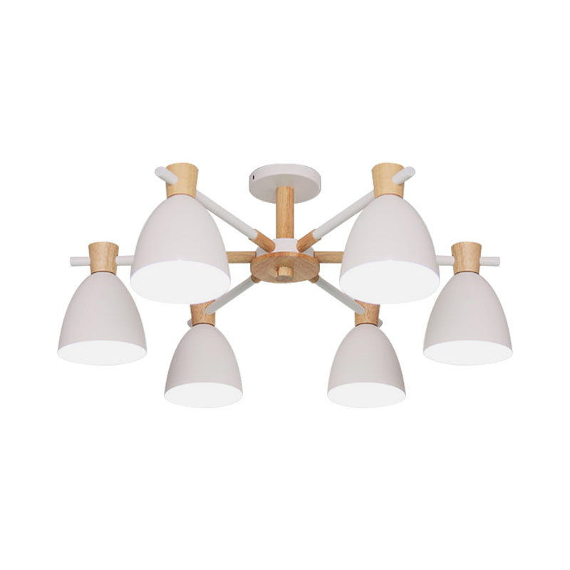 Nordic Bell Shaped Hanging Light Iron 6 Bulbs Living Room Chandelier in White with Wood Accent Clearhalo 'Ceiling Lights' 'Chandeliers' Lighting' options 1909909