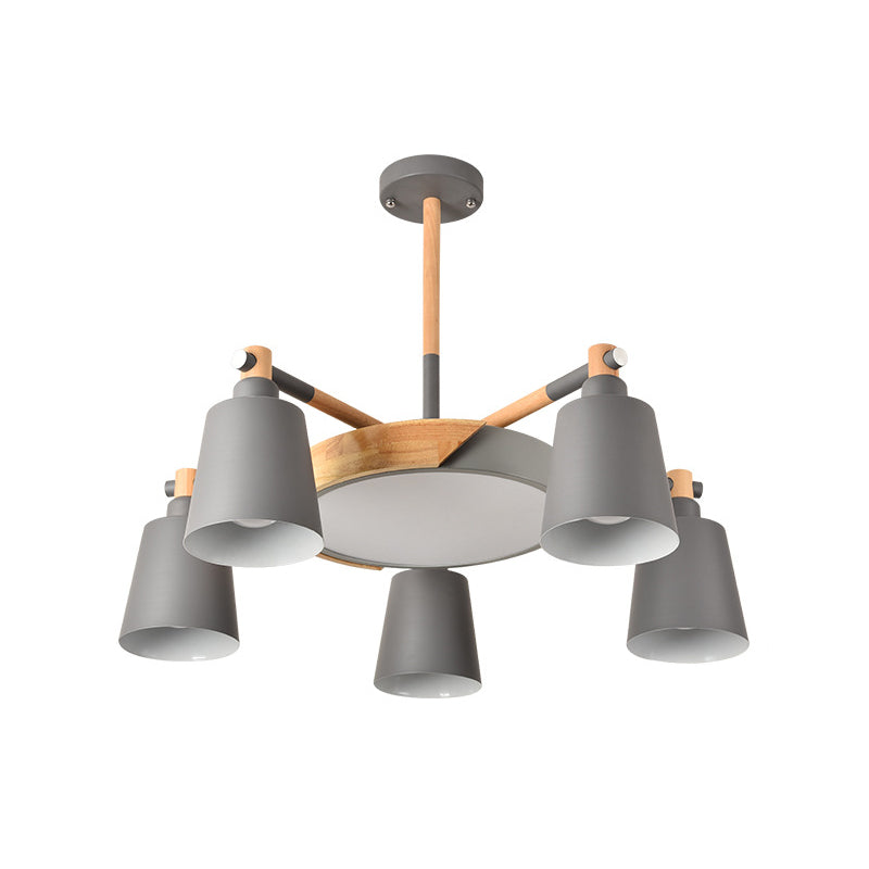 3/5/8-Light Living Room Chandelier Lamp Macaron Grey/Blue/White and Wood Suspension Pendant with Bucket Metal Shade Clearhalo 'Ceiling Lights' 'Chandeliers' Lighting' options 1909919