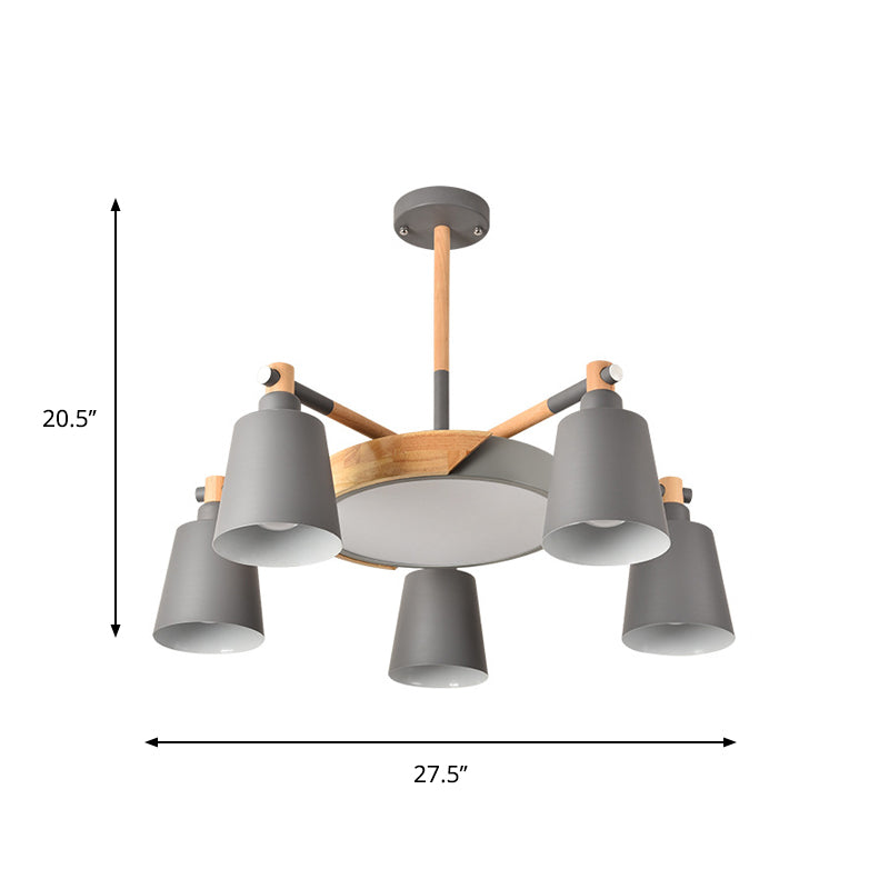 3/5/8-Light Living Room Chandelier Lamp Macaron Grey/Blue/White and Wood Suspension Pendant with Bucket Metal Shade Clearhalo 'Ceiling Lights' 'Chandeliers' Lighting' options 1909920