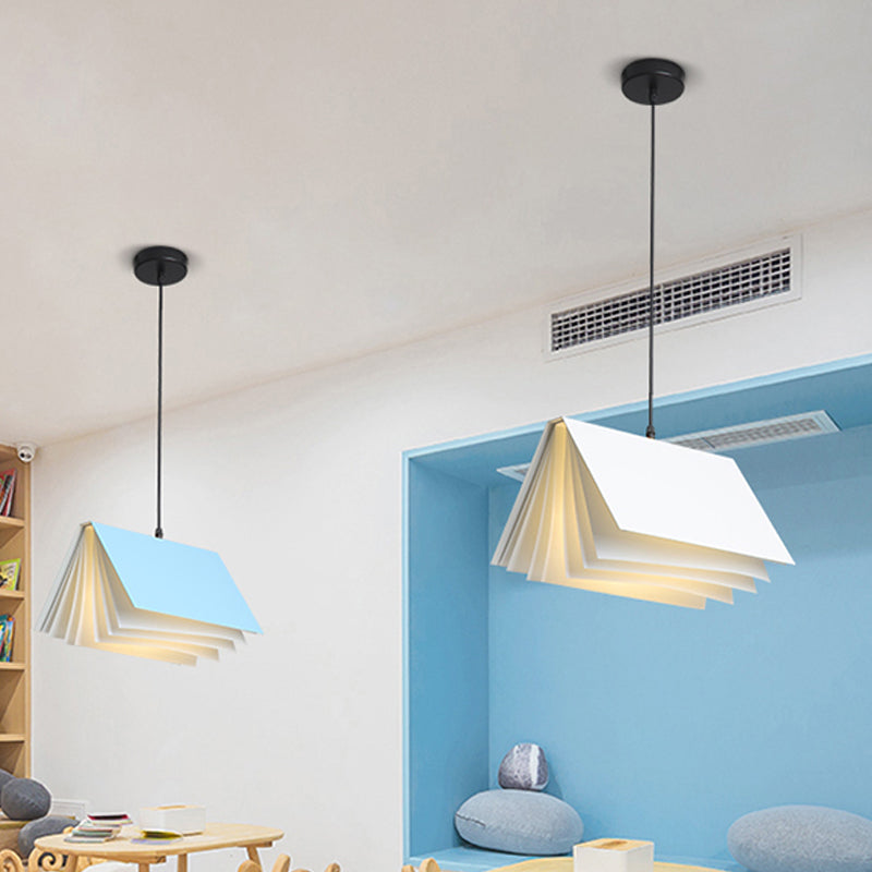 Book Shaped Cafe Pendant Lamp Metal Single-Bulb Macaron Ceiling Hang Light in Blue/Pink/Black Blue Clearhalo 'Ceiling Lights' 'Pendant Lights' 'Pendants' Lighting' 1909939_9f4d9fd9-a7df-4187-b122-5e60a1e951c1