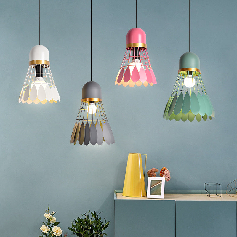 1 Bulb Kitchen Dinette Drop Lamp Macaron Pink Pendant Ceiling Light with Bottle/Badminton/Cone Metal Shade Clearhalo 'Ceiling Lights' 'Pendant Lights' 'Pendants' Lighting' 1910296