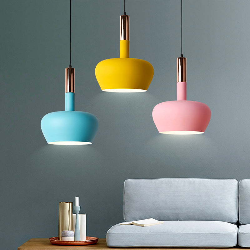 Apple-Shape Down Lighting Pendant Macaron Metallic 1 Light Pink/Blue/Yellow Ceiling Hang Light with Handle Pink Clearhalo 'Ceiling Lights' 'Pendant Lights' 'Pendants' Lighting' 1910343_502032f0-c447-442a-9d34-db8f6eb7d708