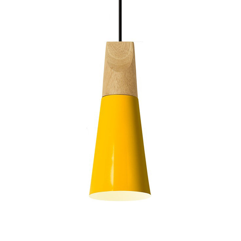Aluminum Mini Cone Suspension Lamp Macaron Single-Bulb Hanging Pendant Light in Black/Pink/Green and Wood Clearhalo 'Ceiling Lights' 'Pendant Lights' 'Pendants' Lighting' 1910371