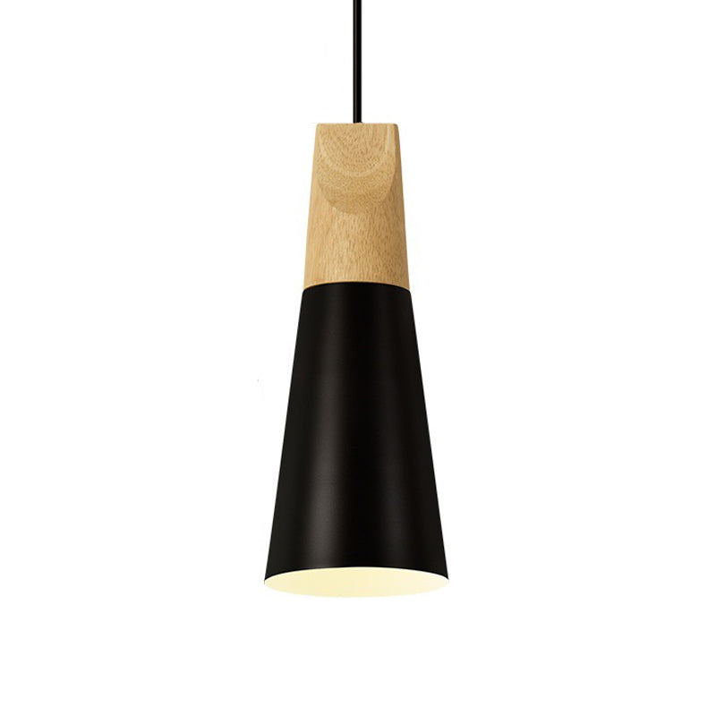 Aluminum Mini Cone Suspension Lamp Macaron Single-Bulb Hanging Pendant Light in Black/Pink/Green and Wood Clearhalo 'Ceiling Lights' 'Pendant Lights' 'Pendants' Lighting' 1910374