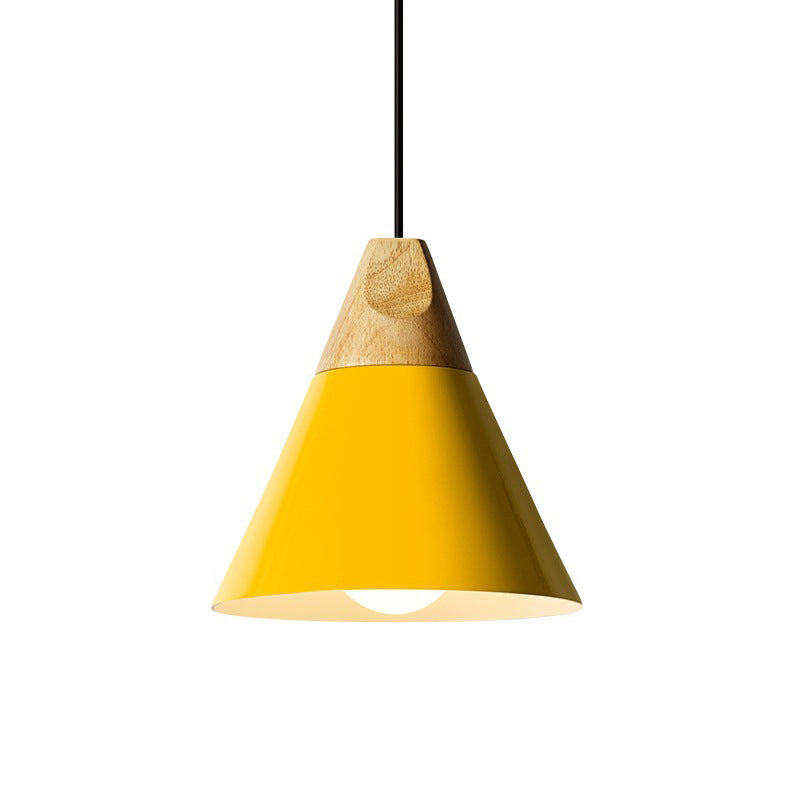 Aluminum Mini Cone Suspension Lamp Macaron Single-Bulb Hanging Pendant Light in Black/Pink/Green and Wood Clearhalo 'Ceiling Lights' 'Pendant Lights' 'Pendants' Lighting' 1910380