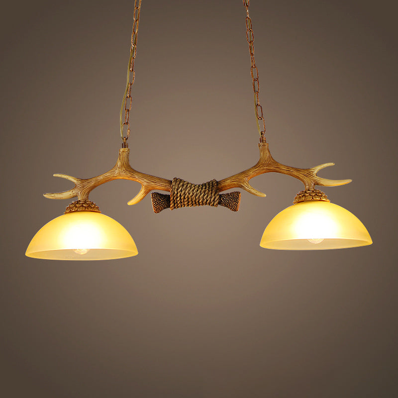 Milk Glass Bowl Island Pendant Rural 2 Bulbs Dining Room Suspension Light with Faux Antler Clearhalo 'Ceiling Lights' 'Glass shade' 'Glass' 'Island Lights' 'Pendant Lights' Lighting' 1911098