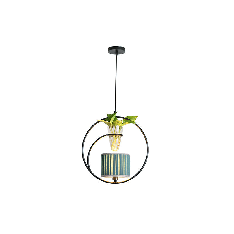 Fabric Tapered/Cylinder Pendant Light Rustic 1 Bulb Cafe Ceiling Light with Plant Pot and Oval/Trapezoid Frame in Black Clearhalo 'Art Deco Pendants' 'Black' 'Cast Iron' 'Ceiling Lights' 'Ceramic' 'Crystal' 'Industrial Pendants' 'Industrial' 'Metal' 'Middle Century Pendants' 'Pendant Lights' 'Pendants' 'Rustic Pendants' 'Tiffany' Lighting' 1911168