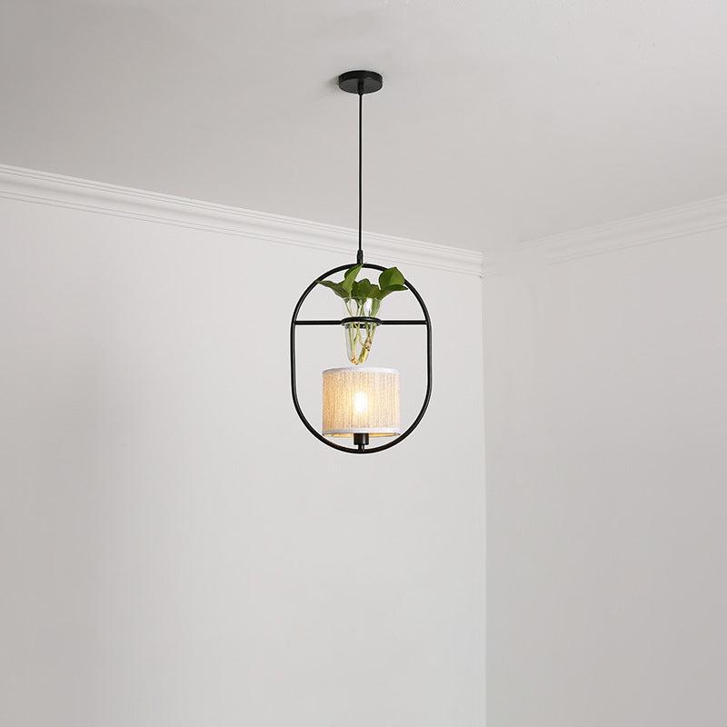 Fabric Tapered/Cylinder Pendant Light Rustic 1 Bulb Cafe Ceiling Light with Plant Pot and Oval/Trapezoid Frame in Black Clearhalo 'Art Deco Pendants' 'Black' 'Cast Iron' 'Ceiling Lights' 'Ceramic' 'Crystal' 'Industrial Pendants' 'Industrial' 'Metal' 'Middle Century Pendants' 'Pendant Lights' 'Pendants' 'Rustic Pendants' 'Tiffany' Lighting' 1911171