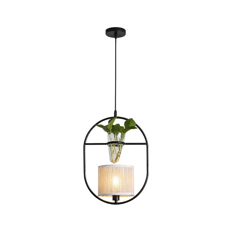 Fabric Tapered/Cylinder Pendant Light Rustic 1 Bulb Cafe Ceiling Light with Plant Pot and Oval/Trapezoid Frame in Black Clearhalo 'Art Deco Pendants' 'Black' 'Cast Iron' 'Ceiling Lights' 'Ceramic' 'Crystal' 'Industrial Pendants' 'Industrial' 'Metal' 'Middle Century Pendants' 'Pendant Lights' 'Pendants' 'Rustic Pendants' 'Tiffany' Lighting' 1911172