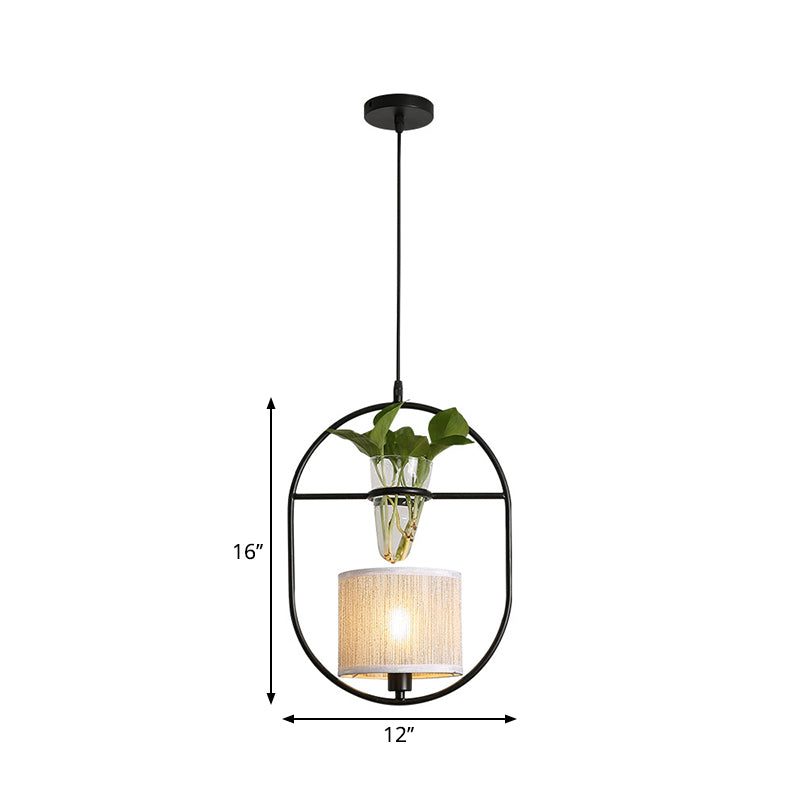 Fabric Tapered/Cylinder Pendant Light Rustic 1 Bulb Cafe Ceiling Light with Plant Pot and Oval/Trapezoid Frame in Black Clearhalo 'Art Deco Pendants' 'Black' 'Cast Iron' 'Ceiling Lights' 'Ceramic' 'Crystal' 'Industrial Pendants' 'Industrial' 'Metal' 'Middle Century Pendants' 'Pendant Lights' 'Pendants' 'Rustic Pendants' 'Tiffany' Lighting' 1911173