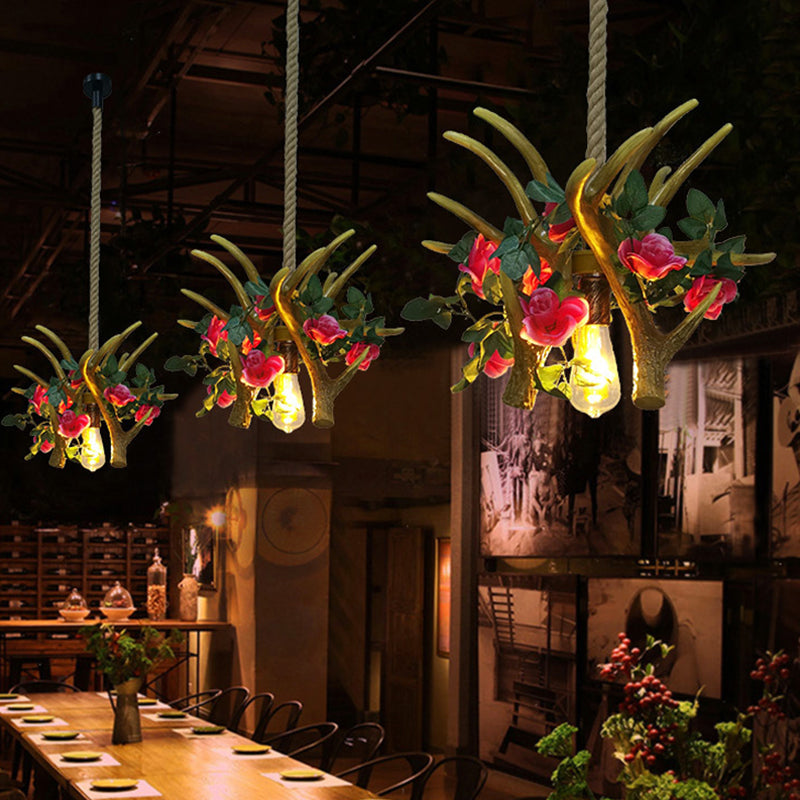 1 Head Antler Ceiling Pendant Farmhouse Pink/Rose Red Resin Flower Hanging Light over Table Clearhalo 'Ceiling Lights' 'Industrial Pendants' 'Industrial' 'Middle Century Pendants' 'Pendant Lights' 'Pendants' 'Tiffany' Lighting' 1911213