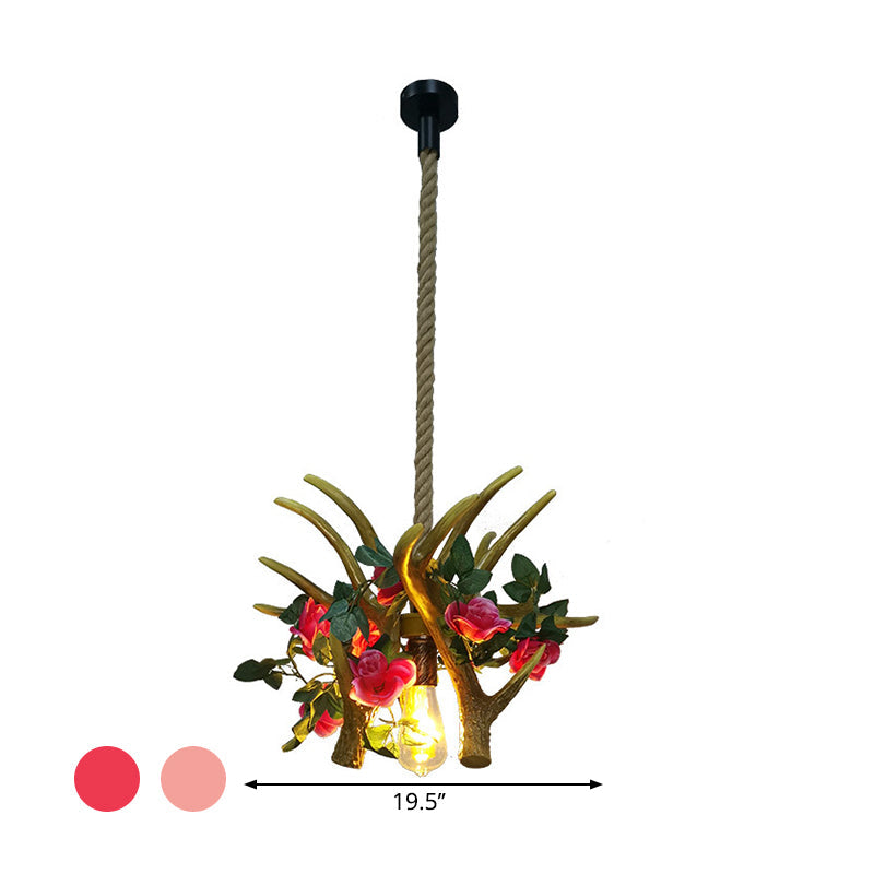 1 Head Antler Ceiling Pendant Farmhouse Pink/Rose Red Resin Flower Hanging Light over Table Clearhalo 'Ceiling Lights' 'Industrial Pendants' 'Industrial' 'Middle Century Pendants' 'Pendant Lights' 'Pendants' 'Tiffany' Lighting' 1911215