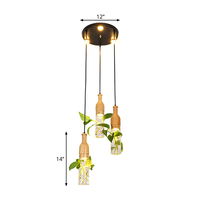 3/5 Lights Clear Glass Cluster Pendant Lodge Black Bottle Dining Room Ceiling Light with Round/Linear Canopy Clearhalo 'Ceiling Lights' 'Glass shade' 'Glass' 'Industrial Pendants' 'Industrial' 'Middle Century Pendants' 'Pendant Lights' 'Pendants' 'Tiffany' Lighting' 1911226