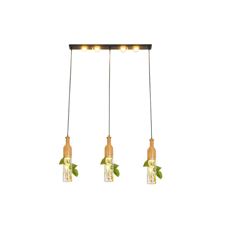 3/5 Lights Clear Glass Cluster Pendant Lodge Black Bottle Dining Room Ceiling Light with Round/Linear Canopy Clearhalo 'Ceiling Lights' 'Glass shade' 'Glass' 'Industrial Pendants' 'Industrial' 'Middle Century Pendants' 'Pendant Lights' 'Pendants' 'Tiffany' Lighting' 1911228