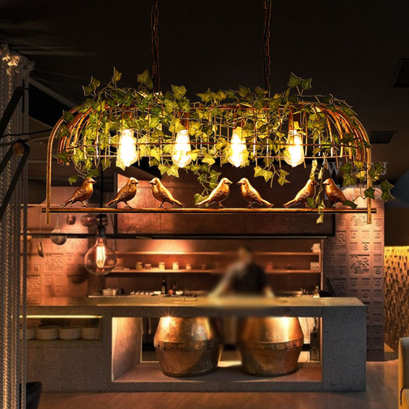 Birdcage Dining Room Island Light Industrial Iron 4-Head Black/Bronze Hanging Pendant with Decorative Plant and Bird Black Clearhalo 'Ceiling Lights' 'Island Lights' Lighting' 1911236