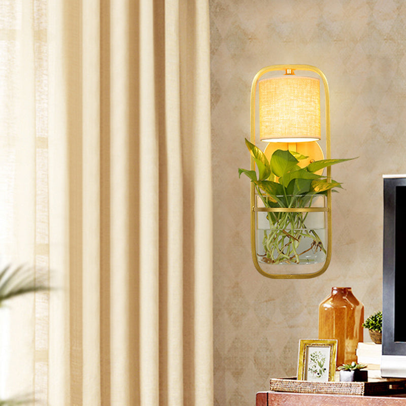 1 Bulb Cylindrical Wall Lamp Lodge Black/White/Gold Fabric Sconce Light in Warm/White Light with Plant Pot Gold Clearhalo 'Art deco wall lights' 'Cast Iron' 'Glass' 'Industrial wall lights' 'Industrial' 'Middle century wall lights' 'Modern' 'Rustic wall lights' 'Tiffany' 'Traditional wall lights' 'Wall Lamps & Sconces' 'Wall Lights' Lighting' 1911276