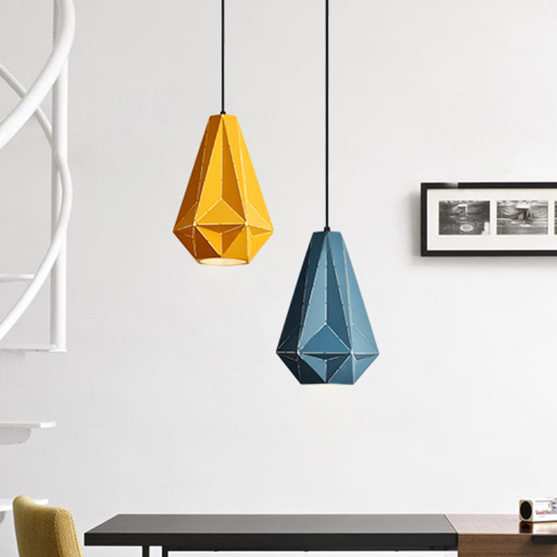 Iron Origami Diamond Pendulum Light Macaron Single-Bulb Suspension Pendant Light in Yellow/Dark Blue/Pink Yellow A Clearhalo 'Ceiling Lights' 'Pendant Lights' 'Pendants' Lighting' 1911523_c4abcbc3-a155-47a3-b481-eb2d2a2d468f