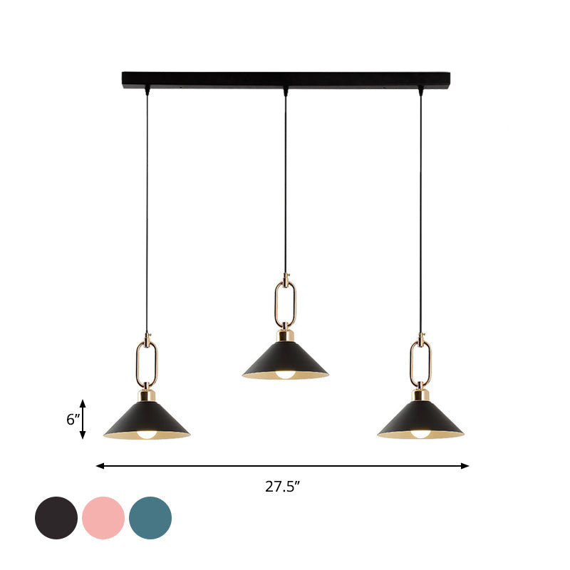 Black/Pink/Blue Cone Hanging Light Macaron 1/3-Light Metal Buckle Pendant Ceiling Lamp over Dining Table Clearhalo 'Ceiling Lights' 'Pendant Lights' 'Pendants' Lighting' 1911576