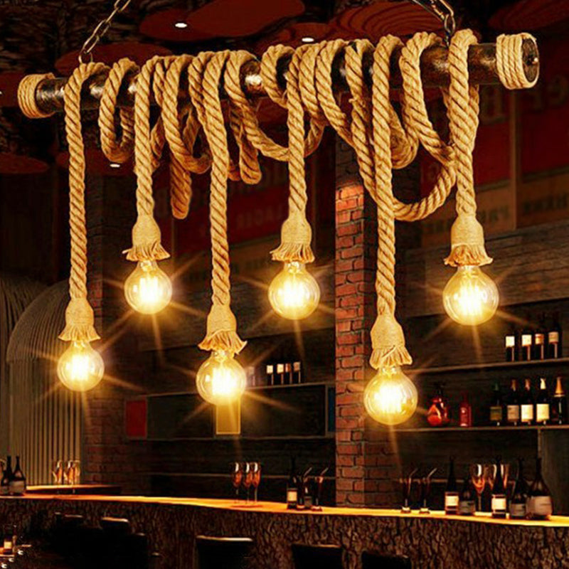 4/6 Lights Jute Rope Island Pendant Farmhouse Brown Linear Wine Bar Hanging Ceiling Light 6 Brown Clearhalo 'Ceiling Lights' 'Island Lights' Lighting' 1911587