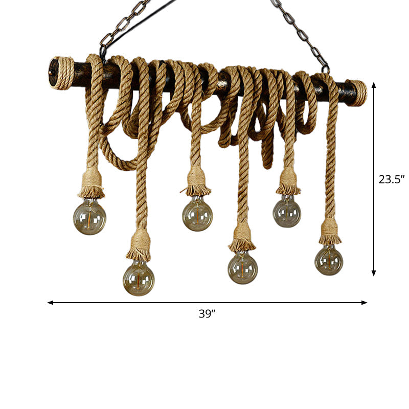 4/6 Lights Jute Rope Island Pendant Farmhouse Brown Linear Wine Bar Hanging Ceiling Light Clearhalo 'Ceiling Lights' 'Island Lights' Lighting' 1911591