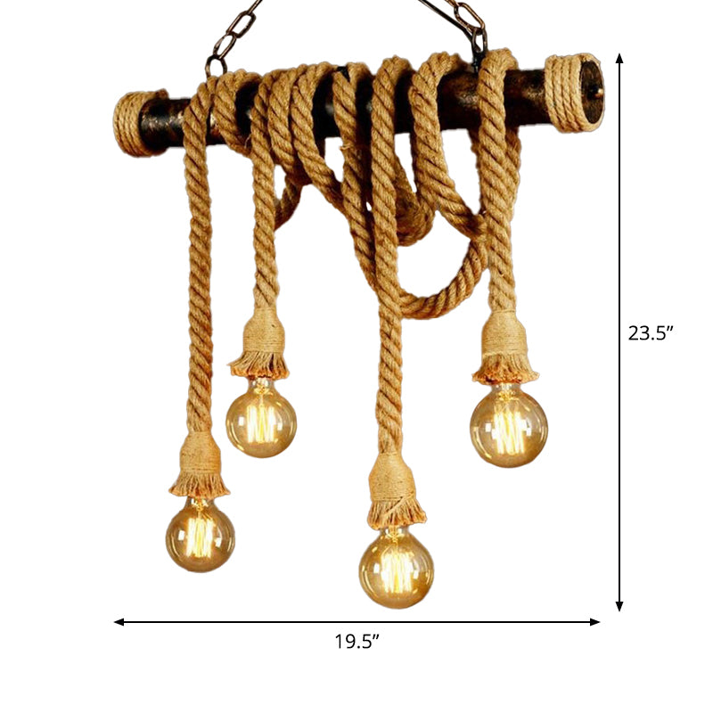 4/6 Lights Jute Rope Island Pendant Farmhouse Brown Linear Wine Bar Hanging Ceiling Light Clearhalo 'Ceiling Lights' 'Island Lights' Lighting' 1911594