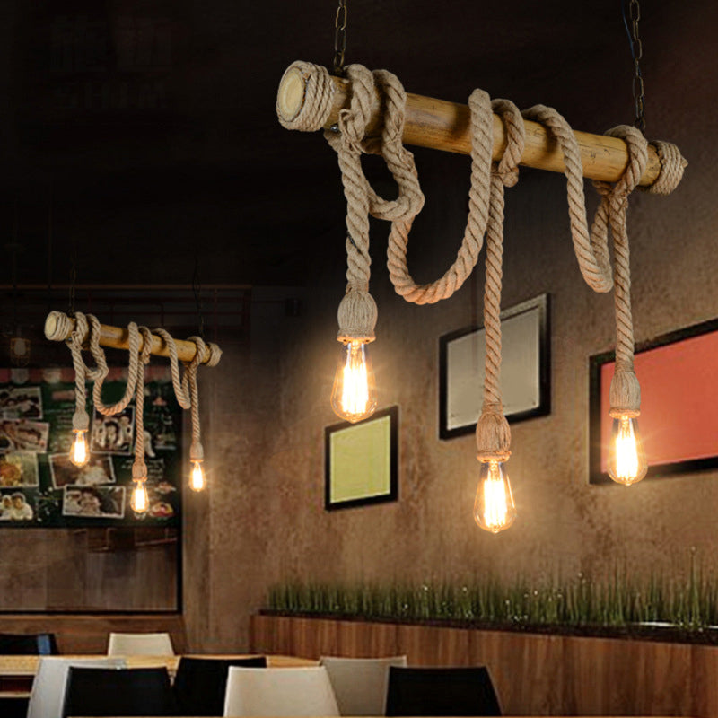 Bare Bulb Design Bamboo Hanging Lamp Rustic 3/6-Head Dining Room Island Light with Rope Cord in Brown 3 Brown Clearhalo 'Ceiling Lights' 'Island Lights' Lighting' 1911598