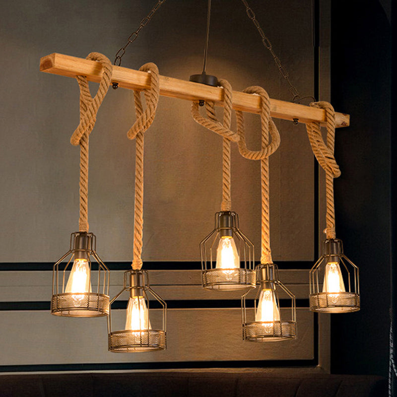 Linear Restaurant Hanging Island Light Cottage Wood 3/5-Light Brown Roped Pendant Lamp with Cage Clearhalo 'Ceiling Lights' 'Island Lights' Lighting' 1911610