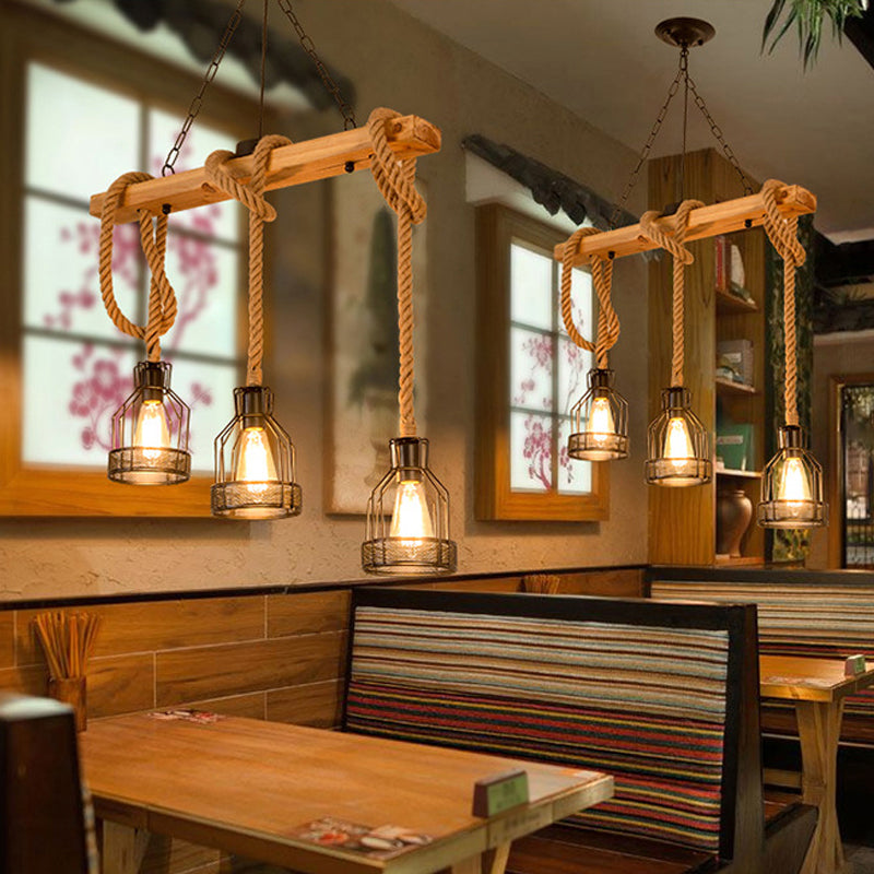 Linear Restaurant Hanging Island Light Cottage Wood 3/5-Light Brown Roped Pendant Lamp with Cage Clearhalo 'Ceiling Lights' 'Island Lights' Lighting' 1911614