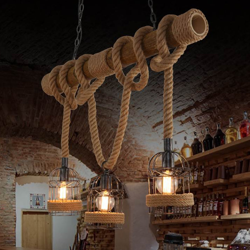 3 Bulbs Bird Cage Island Lighting Farmhouse Brown Iron Hanging Pendant with Rope and Wood Pole Clearhalo 'Ceiling Lights' 'Island Lights' Lighting' 1911619