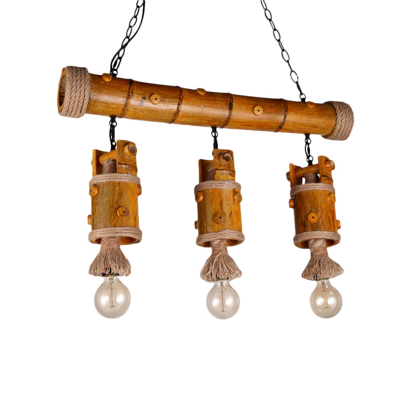 Countryside Chinese Bucket Pendant Lamp 3-Bulb Bamboo Island Light Fixture with Rope Accent in Brown Clearhalo 'Ceiling Lights' 'Island Lights' Lighting' 1911626