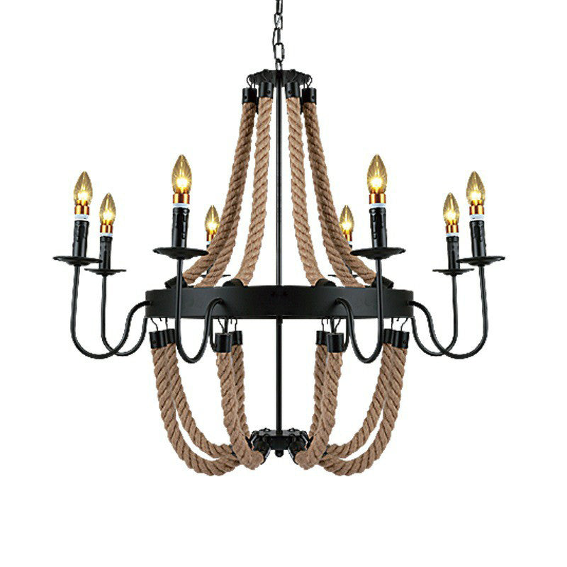 Rope Basket Chandelier Light Fixture Farmhouse 6/8 Bulbs Living Room Ceiling Pendant in Brown Clearhalo 'Cast Iron' 'Ceiling Lights' 'Chandeliers' 'Industrial Chandeliers' 'Industrial' 'Metal' 'Middle Century Chandeliers' 'Rustic Chandeliers' 'Tiffany' Lighting' 1911653