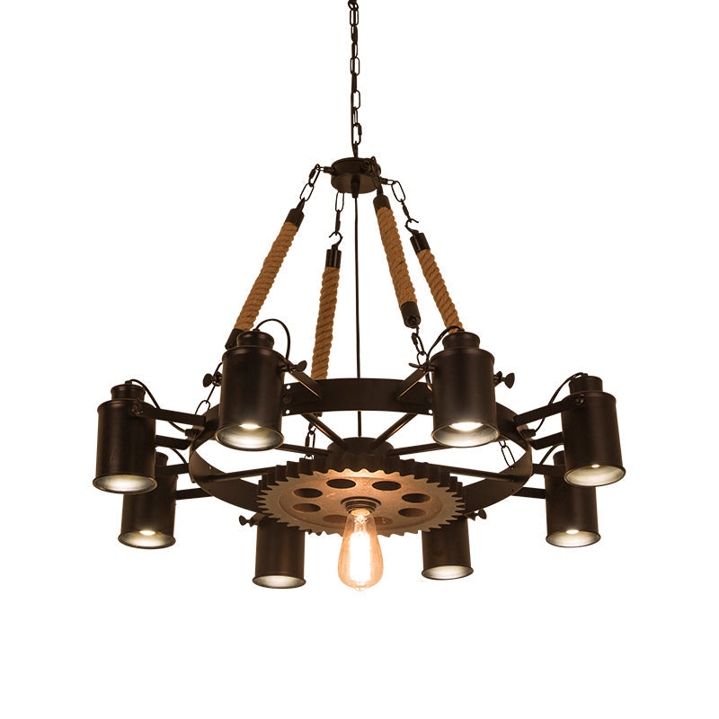 8 Lights Iron Adjustable Chandelier Pendant Industrial Black/Rust Wheel Restaurant Ceiling Spotlight with Rope Accent Clearhalo 'Cast Iron' 'Ceiling Lights' 'Chandeliers' 'Industrial Chandeliers' 'Industrial' 'Metal' 'Middle Century Chandeliers' 'Rustic Chandeliers' 'Tiffany' Lighting' 1911676