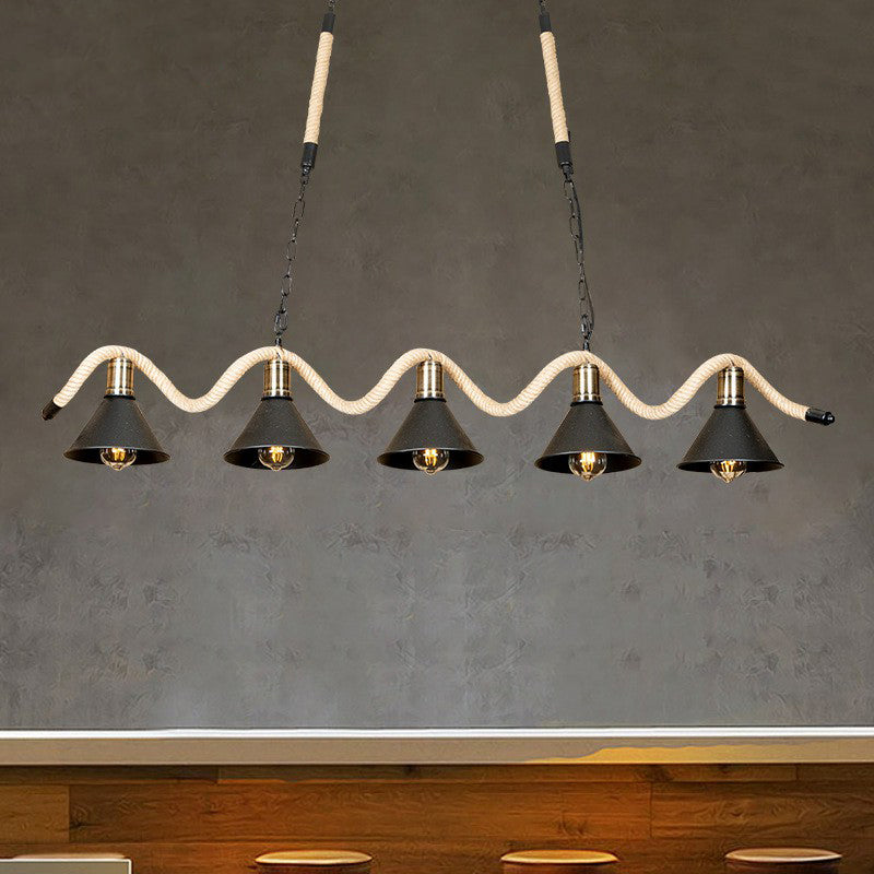 Black 5 Lights Island Pendant Warehouse Hemp Rope Undulating Ceiling Lamp with Conic Metal Shade Black Clearhalo 'Ceiling Lights' 'Island Lights' Lighting' 1911758