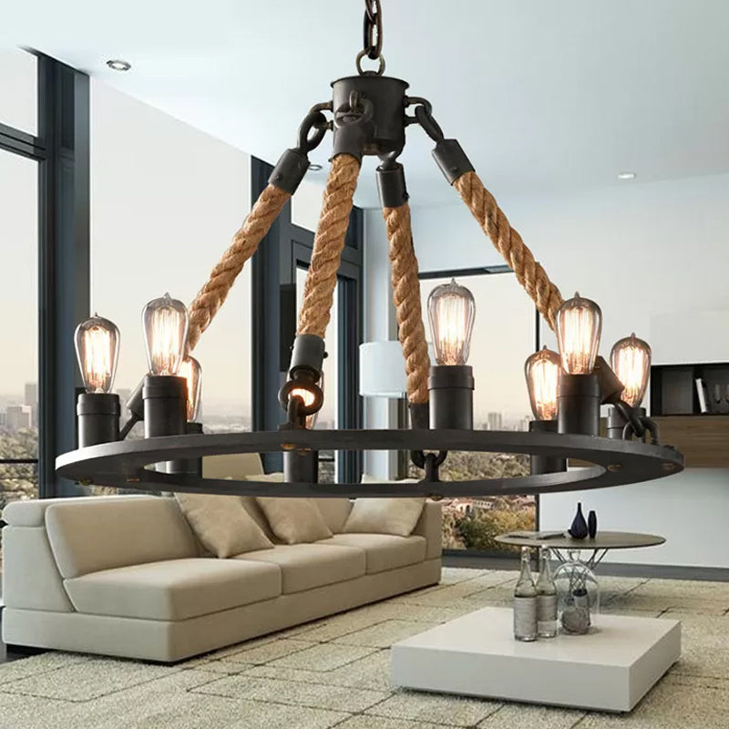 Black Wagon Wheel Chandelier Pendant Industrial Hemp Rope 6/8 Lights Living Room Ceiling Hang Lamp Clearhalo 'Cast Iron' 'Ceiling Lights' 'Chandeliers' 'Industrial Chandeliers' 'Industrial' 'Metal' 'Middle Century Chandeliers' 'Rustic Chandeliers' 'Tiffany' Lighting' 1911784