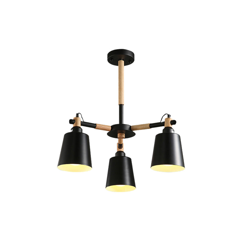 Bedroom Tapered Shade Hanging Ceiling Lamp Iron and Wood 3 Bulbs Nordic Hanging Chandelier Clearhalo 'Ceiling Lights' 'Chandeliers' Lighting' options 191180