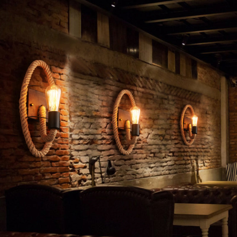 Single Rope Wrapped Wall Lamp Farmhouse Brown Oval/Round Dining Room Wall Mount Light with Exposed Bulb Design Clearhalo 'Industrial wall lights' 'Industrial' 'Middle century wall lights' 'Tiffany' 'Wall Lamps & Sconces' 'Wall Lights' Lighting' 1911808